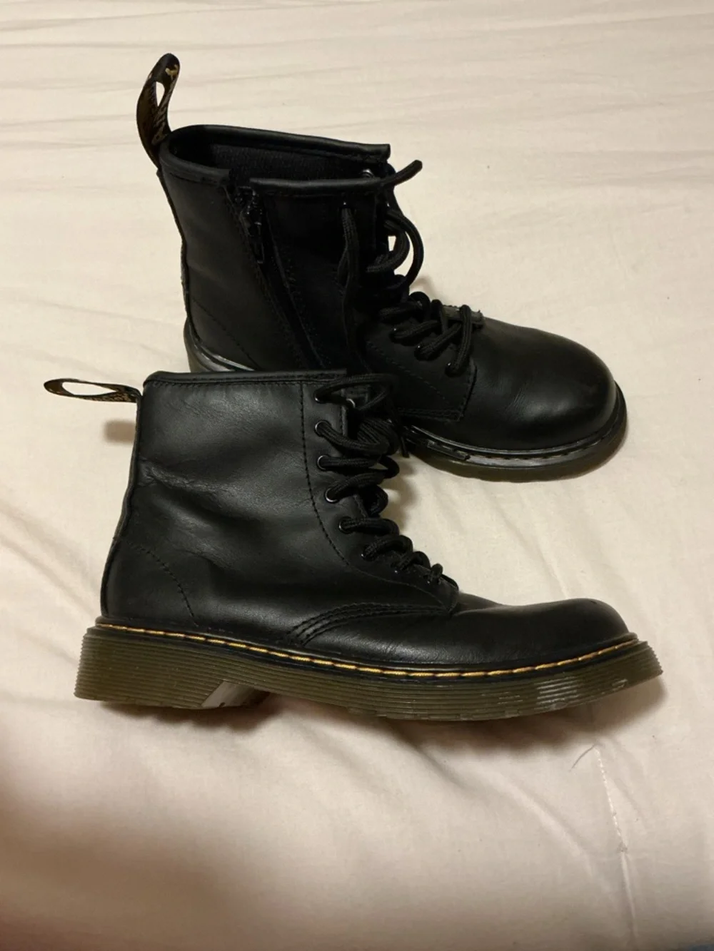 Dr. Martens Kids Black Leather Lace-Up Boots with Yellow Stitching